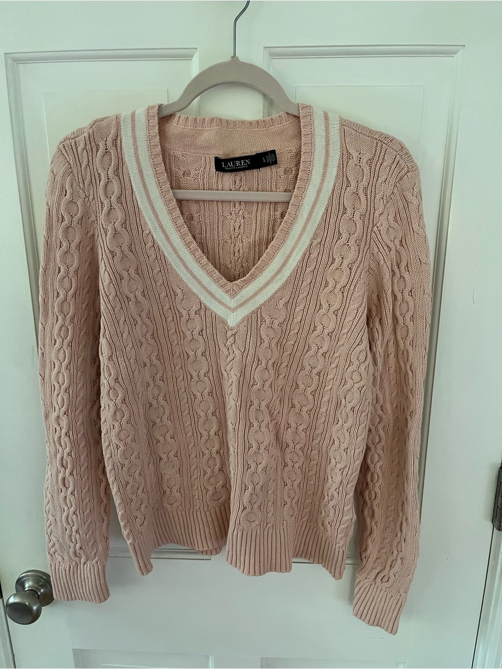 🌟Vintage Ralph Lauren Pink and Cream Vneck Cable Knit Cotton Sweater Size Large